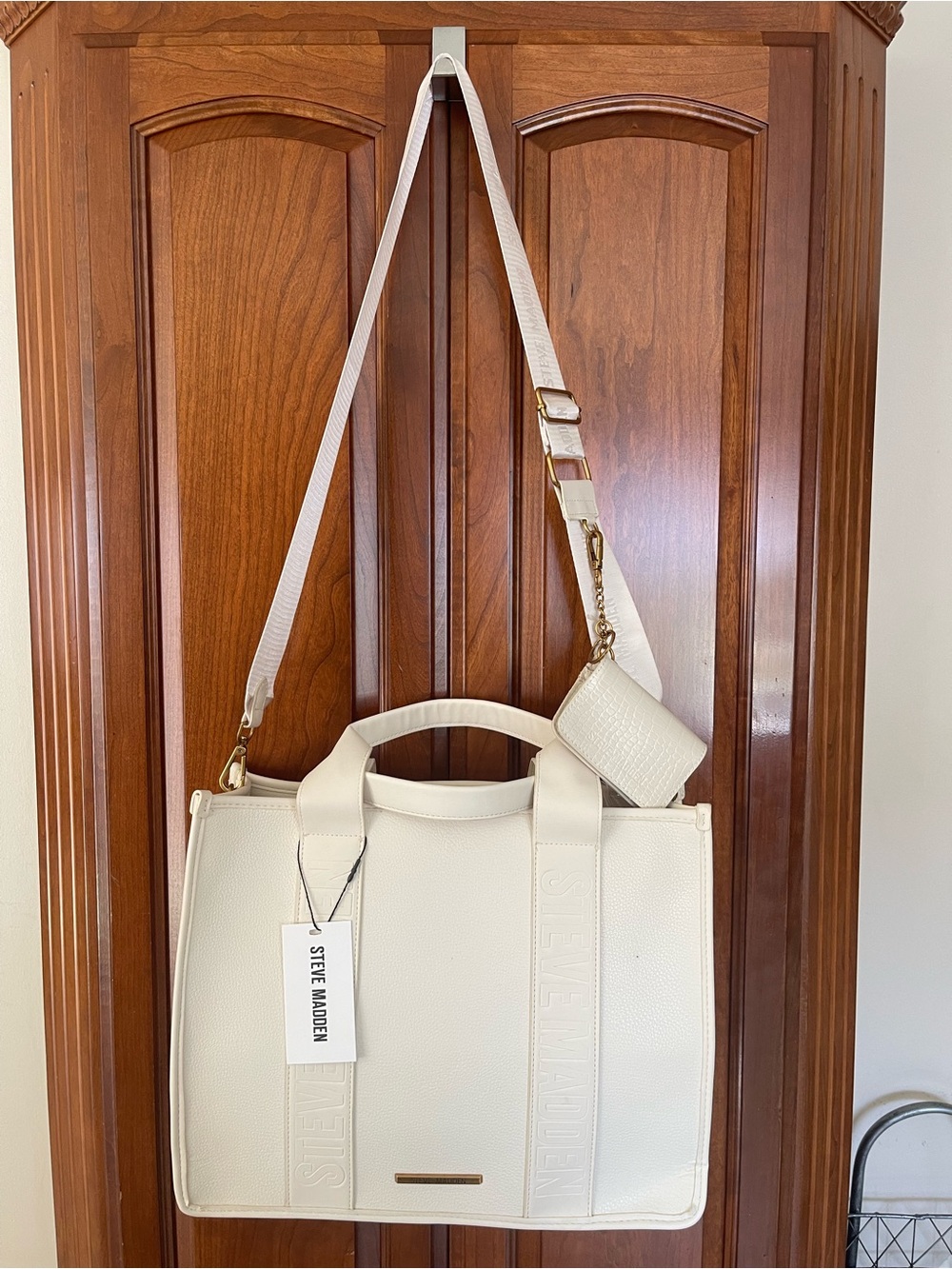 Steve Madden Off-White Structured Tote with Adjustable Strap